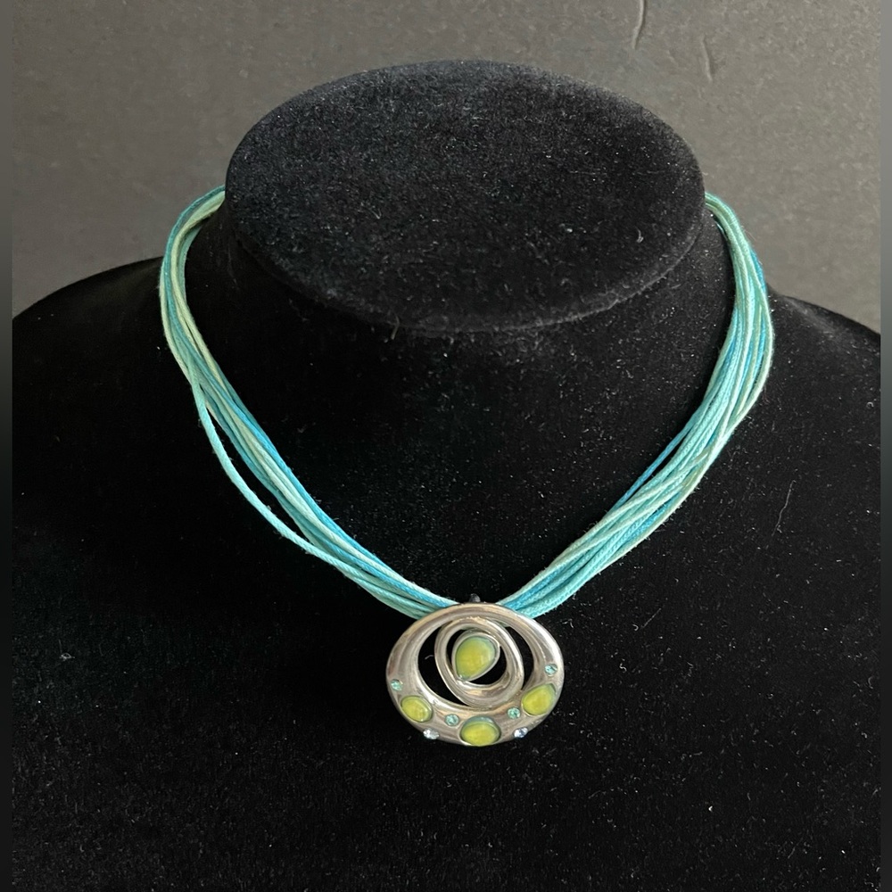 Silver and Green Blue Pendant Multi Strand Rope Necklace